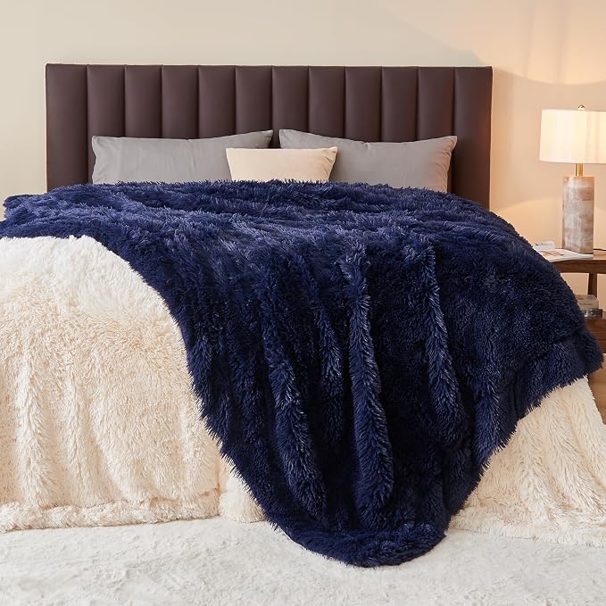 GONAAP Fuzzy Faux Fur Throw Blanket for Couch, Dark Navy, 50"x60" | Warm Cozy Plush Shaggy Decorative Reversible Thick Non-Heated Fleece Blanket for Sofa Bed, Gift for Women Men, All Season Use