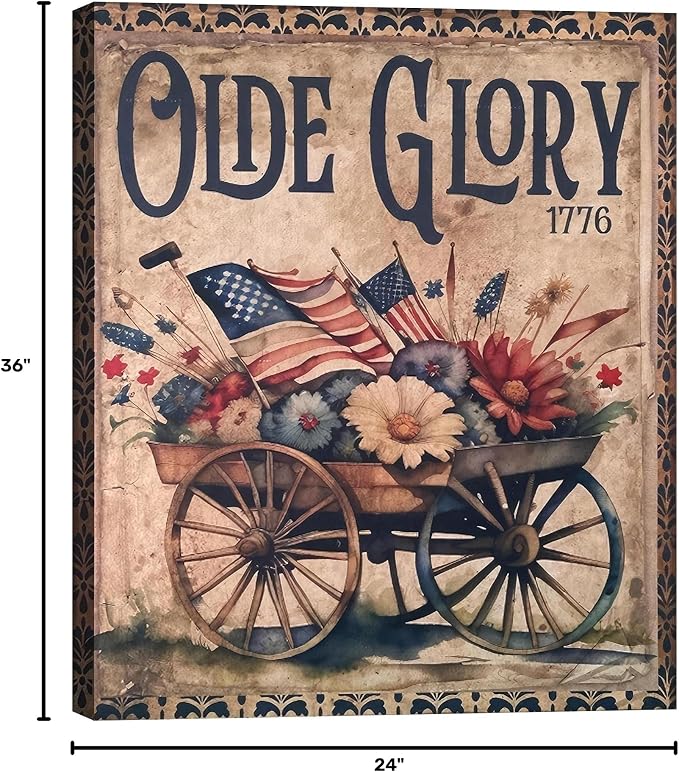Framed Olde Glory 1776 American Flag Wall Art, Patriotic Vintage Canvas Art Pictures, USA Flag Flower Wall Decor, Made in USA Ready to Hang for Living Room Entryway