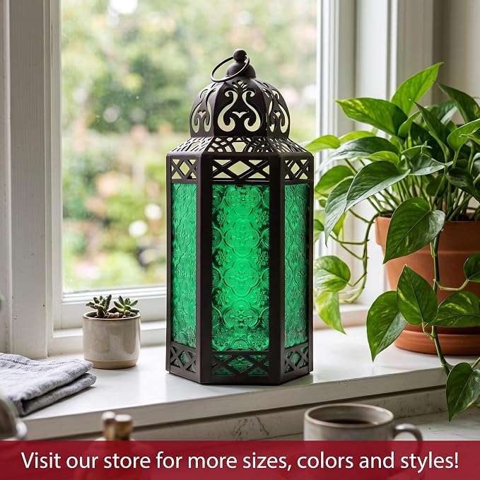 Vela Lanterns Decorative Indoor Candle Holder Table Centerpieces - Moroccan Hanging Outdoor Patio & Porch Home Decor, Turkish Lamp for Wedding, Ramadan (Large 12", Green Glass)