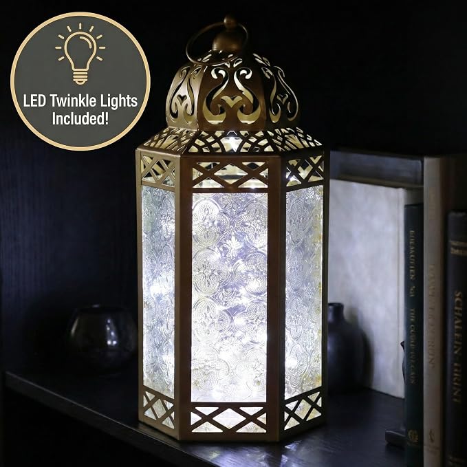 Vela Lanterns Decorative Indoor Fairy Light Ramadan Candle Holder, Gold, L | Turkish & Moroccan Decor, Eid Mubarak Decorations, Wedding Table Centerpieces, Metal Hanging Lamp, Porch Patio, 12" Tall