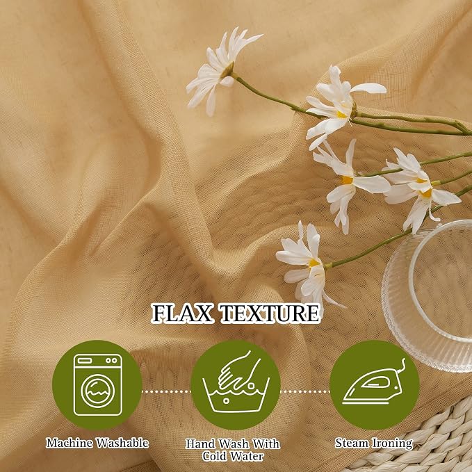 NICETOWN Linen Blend Flax Sheer Window Curtains & Drapes, Grommet Semi Sheer Curtains Privacy with Light Through for Bedroom/Living Room, Desert Yellow, W52 x L72, 2 Pieces
