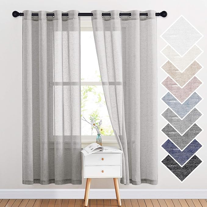NICETOWN Linen Textured Semi Sheer Curtains 72 inches Length, Eyelet Top Bedroom Window Privacy Translucent Light Filtering Flax Sheer Drapes for Guest Room, 52 inches Wide, 2 Panels, Grey