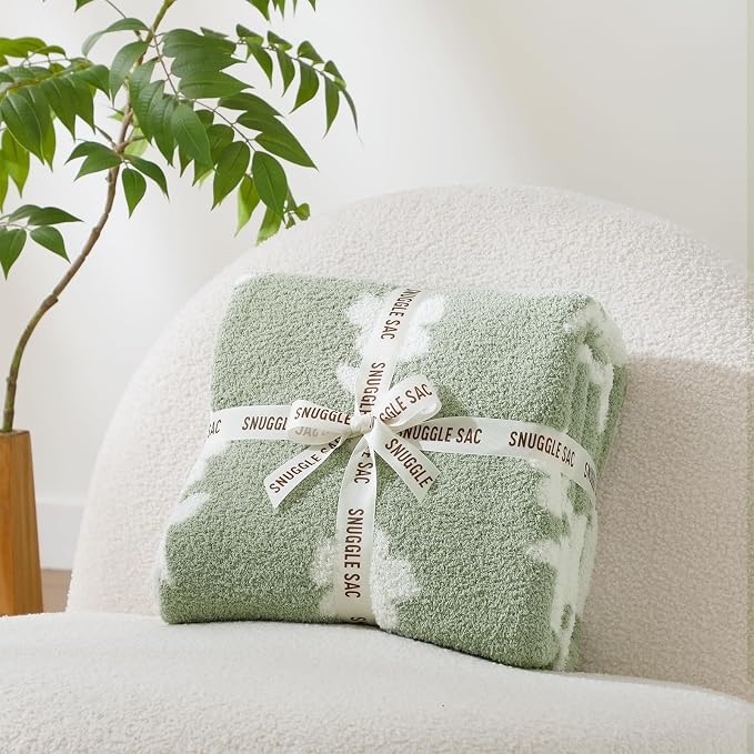 Snuggle Sac Twin Size Bedding Blanket, Sage Green Flower Throw Blanket for Couch, Microfiber Fluffy Warm Cozy Fuzzy Soft Reversible Blankets, Sage Green, 60x80 inches
