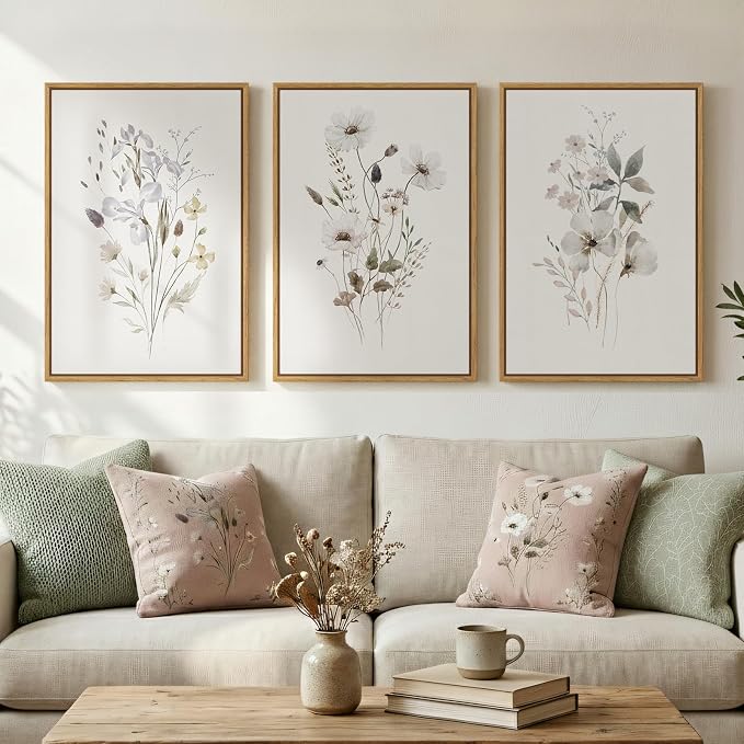 Framed 3 Piece Neutral Floral Botanical Wall Art for Living Room, 16x24 In | Minimalist flower pictures, Wood frame, Canvas Prints, Ready to hang artwork, Wall decor for bedroom dining room hallway