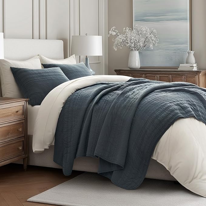 EVERGRACEHOME 100% Cotton Quilt Set Oversized Cal King, Midnight Blue | Pre-Washed Soft Cotton, Striped Coverlet Bedspread, 3 Piece Lightweight Bedding Set for All Season, with 2 Pillow Shams