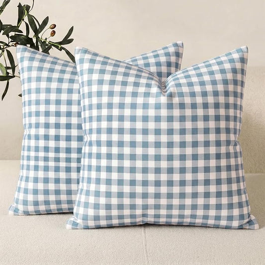 Farmhouse Light Dusty Blue Gingham Throw Pillow Covers 20x20 Set of 2 | 20 x 20 Blue Outdoor Throw Pillows, Outdoor Pillows for Patio Furniture Front Porch, Blue and White Outside Decorative Pillow
