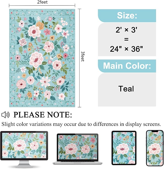 DUKINO 2x3 Entryway Rug, Floral Door Mat Soft Washable Rug Non Slip, Teal | Low Pile, Non-Shedding Small Rug for Kitchen, Entrance, Bedroom, Bathroom, Pet Friendly, Stain Resistant, Modern Home Decor