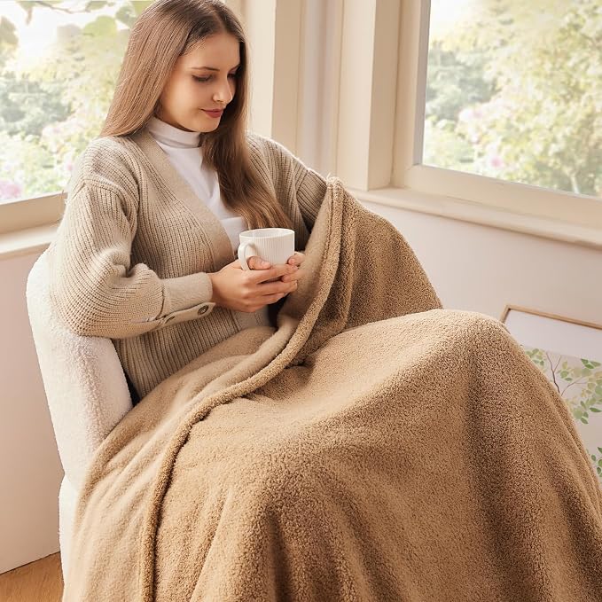 NEWCOSPLAY Knitted Throw Blanket for Couch Sofa Bed, Khaki, 90"x90" | Super Soft Plush, Fuzzy Fluffy Microfiber, Lightweight Cozy Blanket for Room Decor, All Season Use