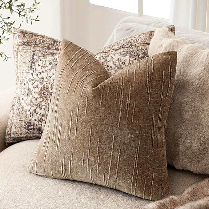 Foindtower Pack of 2 Slubby Textured Chenille Throw Decorative Pillow Covers Square Accent Solid Cushion Cover Cozy Neutral Farmhouse Pillow Case for Couch Sofa Bedroom Living Room 24x24 Inch,Brown