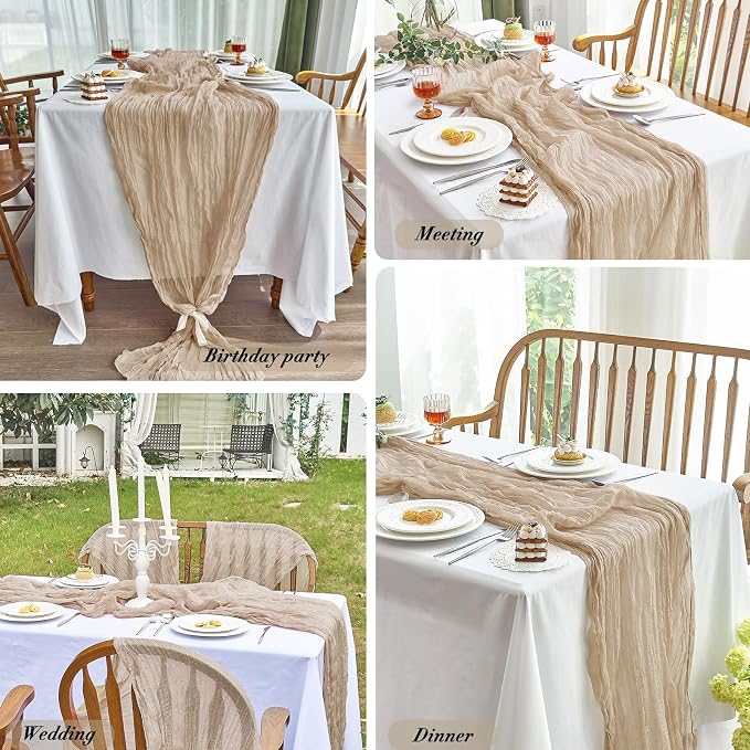 IVAPUPU Nude Table Runner 120 Inches for Wedding Birthday Party Home Decor | 4 Pcs Boho Gauze 10FT Cheesecloth Table Runners for Baby Shower Decorations Summer Garden Farmhouse