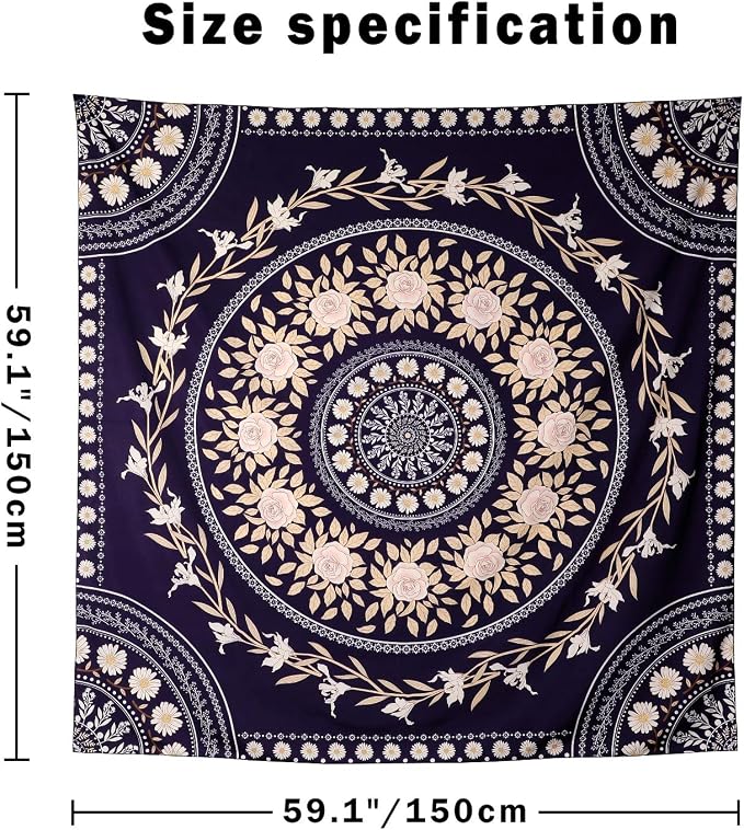 FLY SPRAY Mandala Tapestry Aesthetic,Boho Tapestries Wall Hanging,Dark Rose Floral Medallion Tapestrys,Bohemian Wall Art Hippie Decor for Bedroom Living Room Ceiling