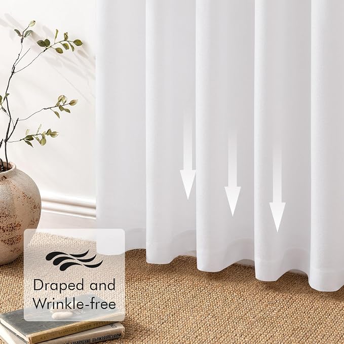 MIULEE Faux Linen Curtains 90 Inch Length 2 Panels Natural White Semi Sheer Curtain with Back Tab Rod Pocket, Light Filtering Window Privacy Burlap Drapes for Living Room Bedroom 42W x 90L