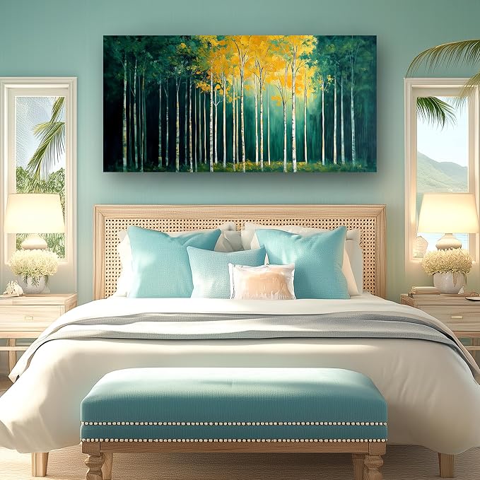 40x20 Inch Birch Tree Canvas Wall Art, Large Panoramic Autumn Forest Painting, Textured Green & Yellow Landscape Wall Decor, Framed Modern Nature Artwork for Living Room Bedroom Office Home Decoration