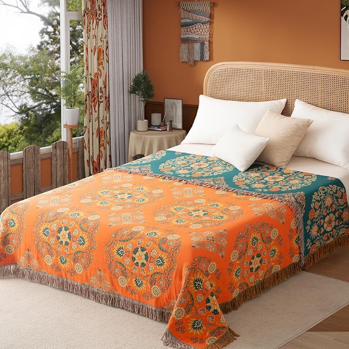 Phuryllic Boho Throw Blanket Full Size, Extra Large Soft Cozy Cotton Muslin Quilt Blanket for Bed Decor, Floral Patterned Couch Sofa Chair Cover, Vintage Farmhouse Cottage Woven Blanket, Orange&Green