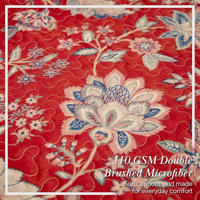 Southshore Fine Living, Inc. Oversized Full/Queen Quilt Bedding Set, Jacobean Willow Floral Quilt Set Queen or Full Size with 2 Matching Pillow Shams, Lightweight Bedspread, Soft and Cozy, Red