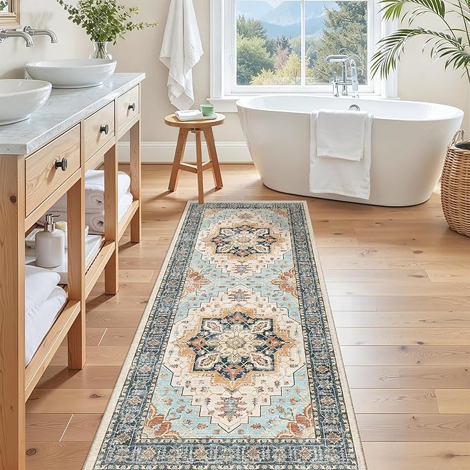 Madane Washable Runner Rug 2x6 Runners for Hallways Non Slip, Orange/Blue | Vintage Stain-Resistant 6 Feet Kitchen Rug, Soft Low-Pile Ultra-Thin Floor Carpet Mat for Bathroom Laundry Room Bedroom 2x6ft