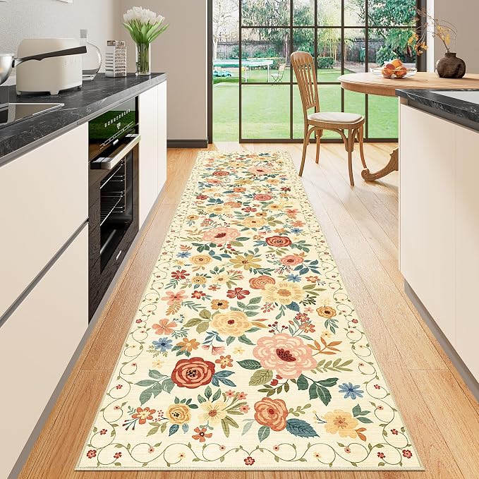 DUKINO 2.6x10 Hallway Runner Rug Washable Kitchen Rug Non Slip Beige Yellow | Soft, Low Pile, Floral Indoor Floor Rug Runner for Entryway, Bedroom, Bathroom, Laundry, Pet Friendly, Home Decor, Ultra-Thin