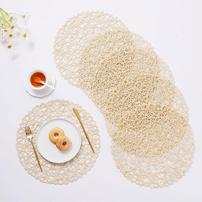 IcosaMro Beige Round Placemats Set of 12 for Dining Table, 13 Inches Paper Woven Boho Small Decorative Circle Place Mat for Wedding Christmas Thanksgiving Day Holiday Dinner, Beige