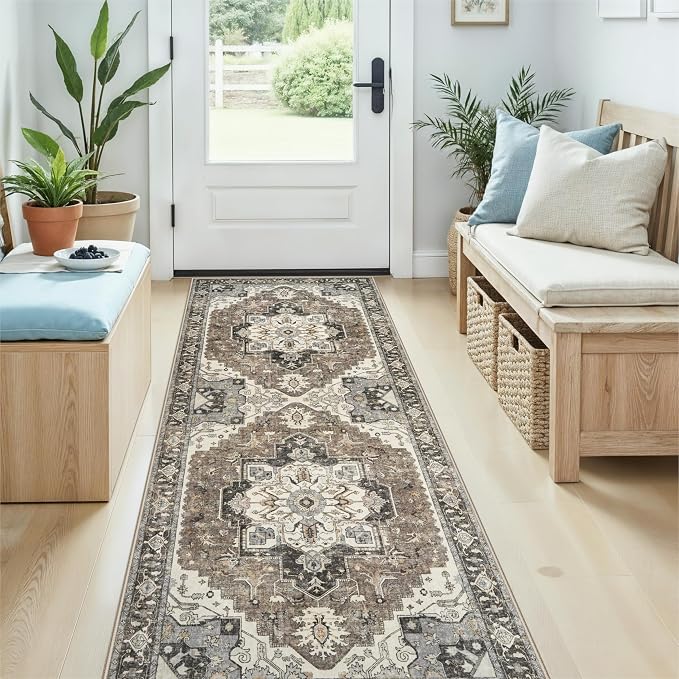 Washable Kitchen Runner Rug 2x6 - Hallway Rugs Low Pile Entryway Carpet Vintage Soft Non-Slip Stain Resistant Indoor Floor Distressed Mat Home Decor for Bedside Bathroom Entrance(Beige/Blue/Grey,2x6)