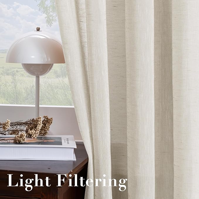 H.VERSAILTEX Linen Curtains Flax Linen Blended Curtain Panels for Living Room/Bedroom Semi Sheer Privacy Curtains 63 inch Length 2 Panels Set Nickel Grommet Window Drapes, Natural