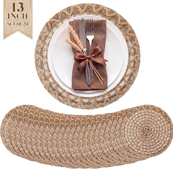 24 Pcs 13 Inch Round Natural Burlap Placemat Boho Jute Woven Charger Bulk Rustic Vintage Brown Heat Resistant Dining Table Mat for Wedding Farmhouse Kitchen Easter Summer Decoration