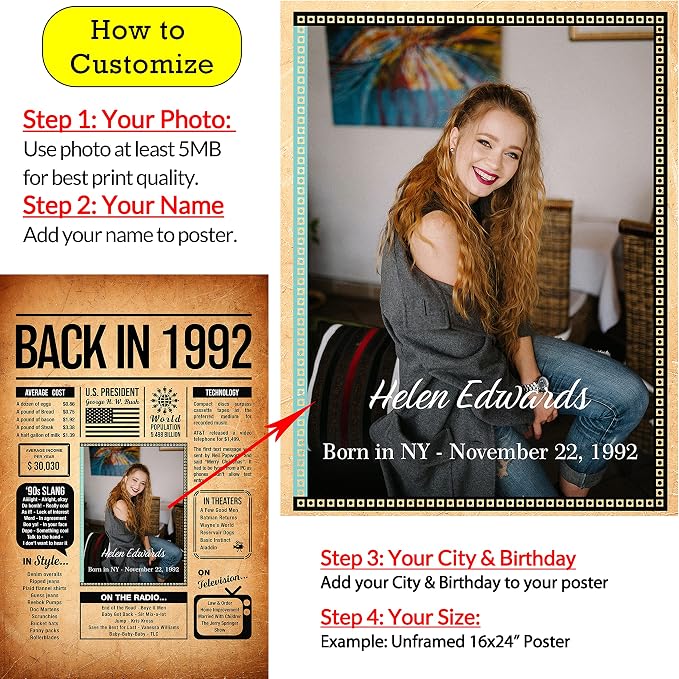 Back in 1992 Poster Sign, Personalized Birthday Gifts Idea, Custom 1992 Historical Birthday Newspaper, Born in 1992 Birthday Party Decorations, Fun Fact for the Day You Were Born, Decor Art Print