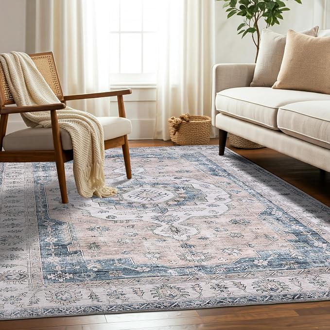 Machine Washable Area Rug, Soft & Durable, Non-Slip, Stain Resistant Rug for Bedroom, Living Room, Dining Room, High Traffic Areas. (Light Blue/Ivory, 5' X 7')