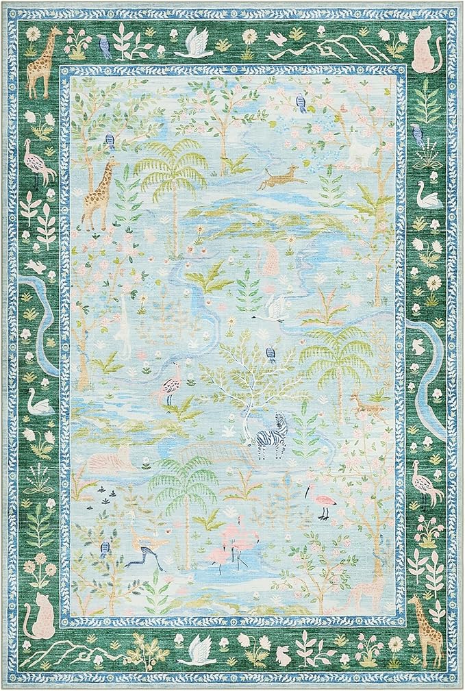 4x6 Whimsical Safari Nursery Area Rug Washable Non Slip Small Living Room Rugs Low Pile Animal Print Girs Bedroom Blue Throw Carpet Forest Fairy Tale Area Rugs for Entry Kids Room, Teal/Blue