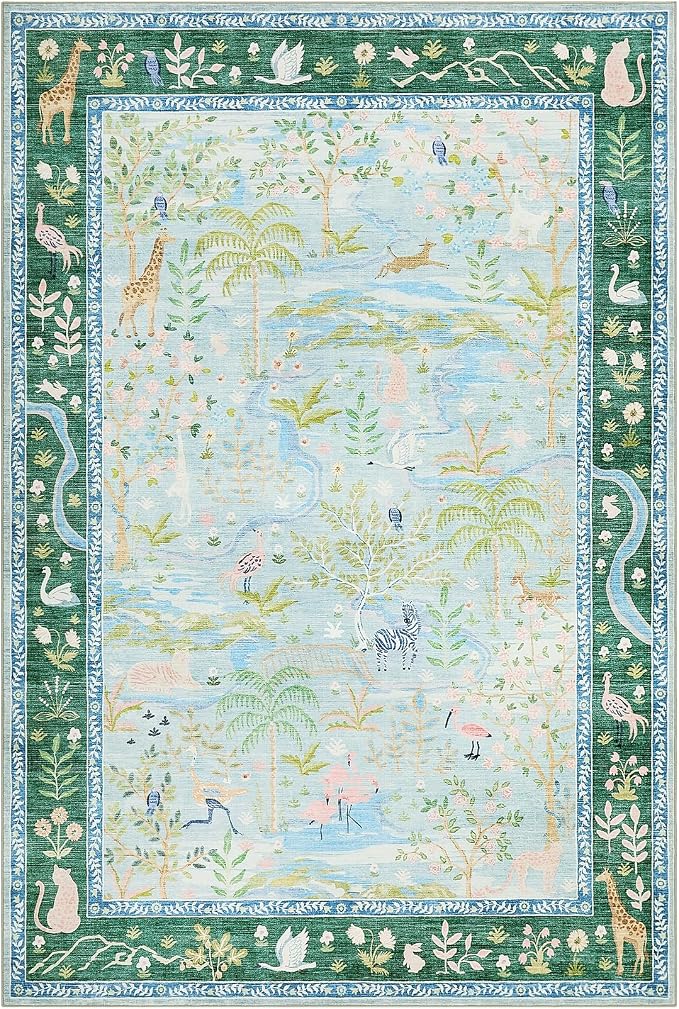 Jungle Animal Print 3x5 Washable Rug for Girls Bedroom Non Slip Blue Bohemian Whimsical Small Throw Carpet Low Pile Forest Fairy Tale Area Rugs for Living Room Nursery Bedroon, Teal/Blue