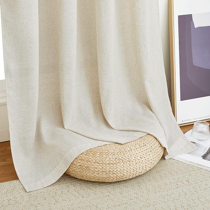 NICETOWN Natural Linen Curtains 132 inches Long, Rod Pocket & Back Tab Thick Flax Textured Privacy Added Window Treatments with Light Filter Drapes for Living Room, W55 x L132, 2 Panels