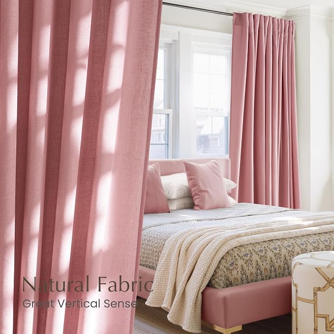 NICETOWN Thick Pink Sheer Curtains 96 inches Long for Girls Room, Rod Pocket & Back Tab Flax Linen Burlap Window Treatments Privacy Assured with Light Filtering for Bedroom, W55 x L96, 2 Panels