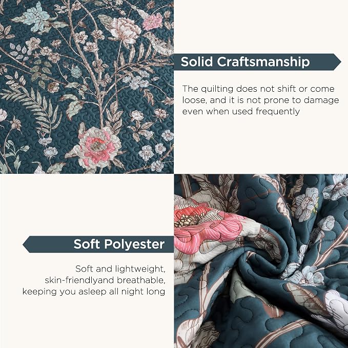 Litanika Floral Teal Quilt Oversized King - 3Pcs Botanical Birds Bed Set | Super King Plus Bedspread Summer Lightweight Soft Coverlet with Pink Flower for All Seasons(128"x120")