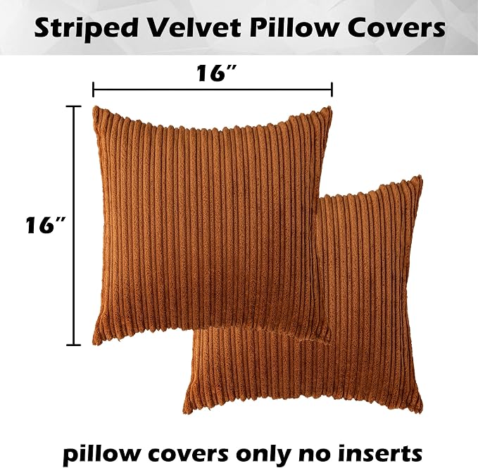 Kevin Textile Striped Corduroy 16”x16” Pillow Covers 2 Pack, Brown