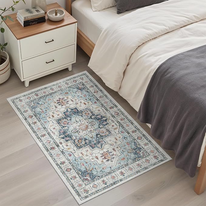 Madane Washable Area Rug 2x3 Small Entryway Rugs Non-Slip, Blue | Vintage Stain-Resistant Door Mat Indoor Entrance, Low Pile Floor Carpet for Inside Front Bedroom Kitchen Entry Laundry, Stair