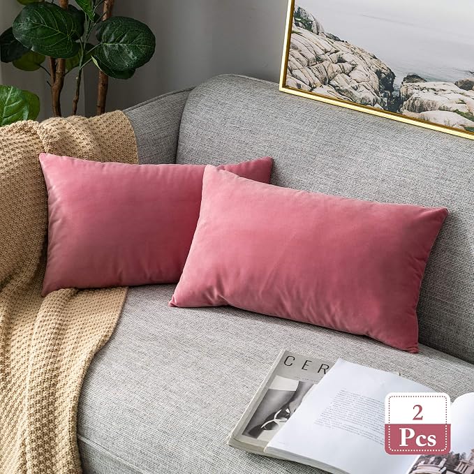 Stellhome Rectangle Velvet Pillow Covers Decorative Cushion Covers for Bed Couch Sofa Bench, 12 x 20 inch (30 x 50 cm), Hot Pink, Pack of 2