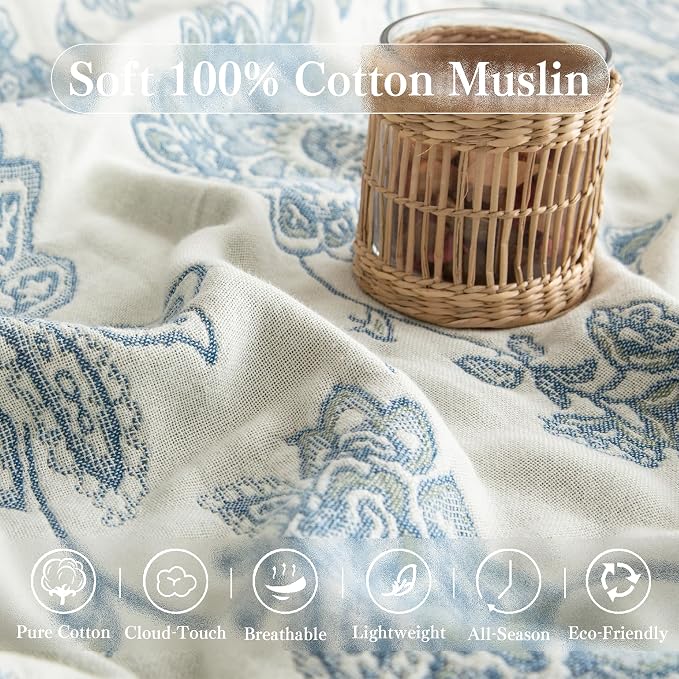 Phuryllic Boho Throw Blanket Twin Size, Soft Cozy Cotton Muslin Quilt Blanket for Bed Decor, Floral Patterned Couch Sofa Chair Cover, Vintage Farmhouse Cottage Tapestry Woven Blanket, Blue and White