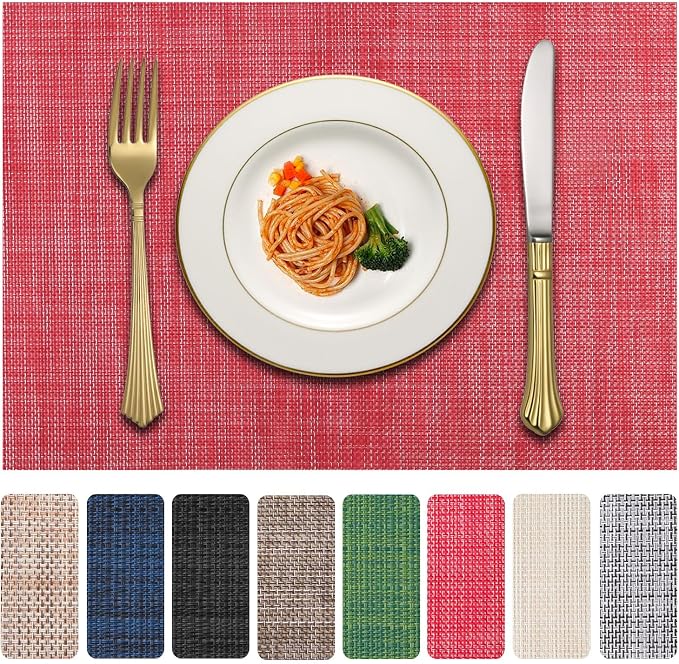 Vinyl Placemats Set of 4, PVC Woven Washable Non-Slip Table Mats, Heat Resistant Wrinkle Free Place Mats for Dining Table, Easy to Clean (4, Red)