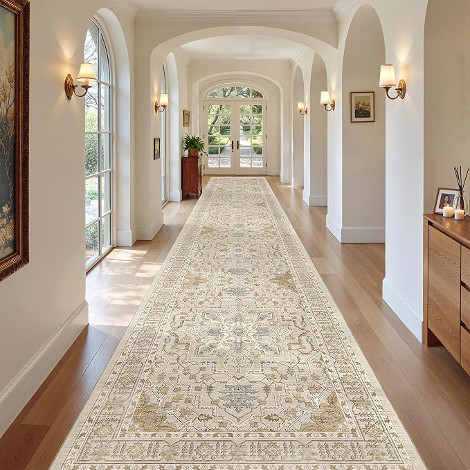 Madane Hallway Runner Rug 3x18 Washable Kitchen Runners 18ft, Beige/Blue | Vintage Non Slip Extra Long Area Rugs for Hallways, Soft Low-Pile Farmhouse Wide Floor Carpet for Entryway Bathroom Bedroom