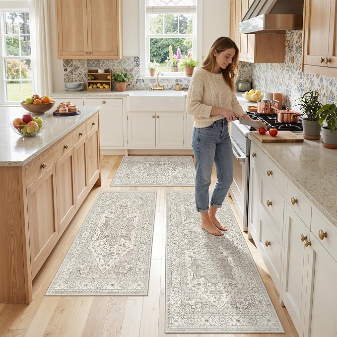 Madane Washable Kitchen Rug Set of 3 Small Area Rugs Non-Slip, Beige/Brown | Vintage Hallway Entryway Door Mat Indoor Entrance Low Pile Floor Carpet Runner for Inside Front Entry Laundry 2x3+2x4+2x5