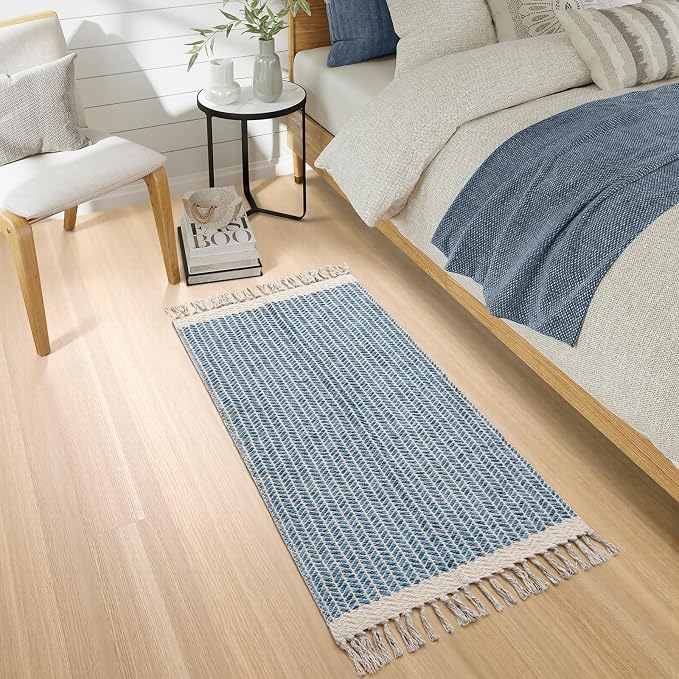 Lahome Boho Bathroom Runner Rug, 2x4.3 Washable Rugs for Kitchen Laundry | Woven Cotton Throw Door Mat with Tassels, Farmhouse Blue Non Shedding Lightweight Low Pile Carpet for Entryway Bedroom