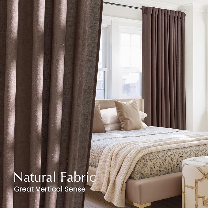 NICETOWN Linen Brown Semi Sheer Curtains for Bedroom, Rod Pocket & Back Tab Privacy Added Thick Flax Linen Blend with Light Filtering Window Treatments for Living Room, W55 x L96, 2 Panels