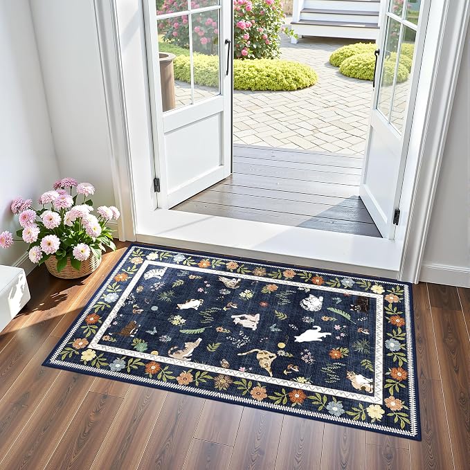 AIMPEAK 2x3 Washable Door Mat - Non Slip Low Pile Cat Floral Boho Small Area Rug for Entryway, Kitchen, Front Door, Indoor Entrance, Kids Room Throw Rug Carpet, Navy Blue Multi