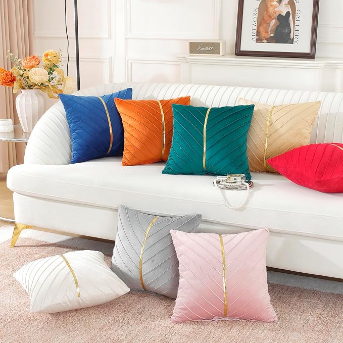 TAOSON Gray Gold Leather Velvet Throw Pillow Covers, 18x18 inch, Pack of 2 | Gold Leather Decorative, Cushion Cases, Spring Summer, Sofa Couch Living Room Décor