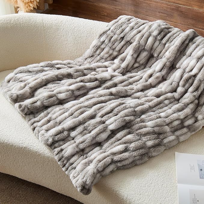 Lotus Karen Faux Fur Throw Blanket, 900 GSM Dual-Sided Soft Ruched Fluffy Blanket for Couch, Cozy Fuzzy Plush Throw Gifts for Women Man Bedroom Living Room (Tie-Dye Dark Gray, 50"x60")