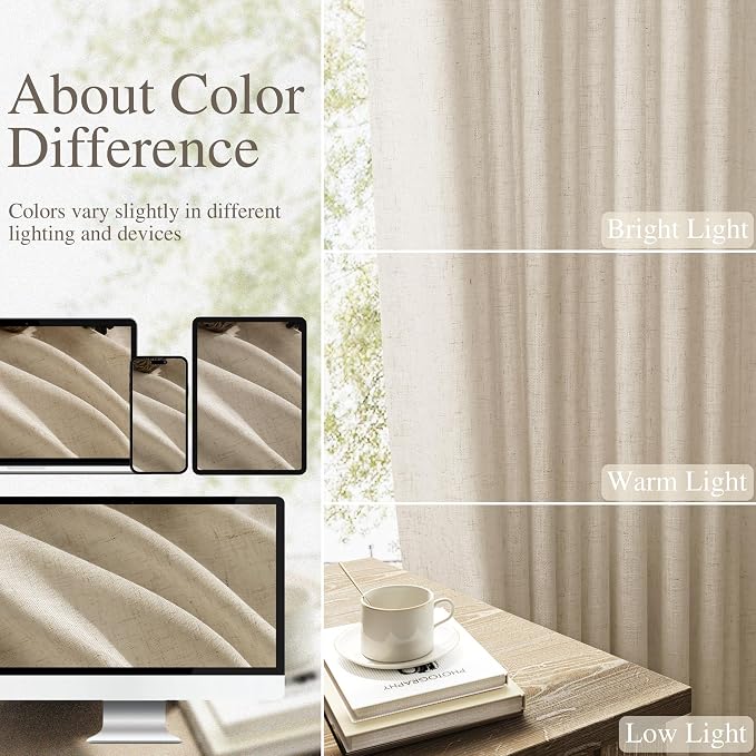 Linen Curtains 96 Inches Long for Living Room Back Tab Semi Sheer Floor to Ceiling 8ft Light Filtering Curtain Boho Farmhouse Decor Window Drapes for Bedroom 52x96 2 Panels Taupe Burlywood