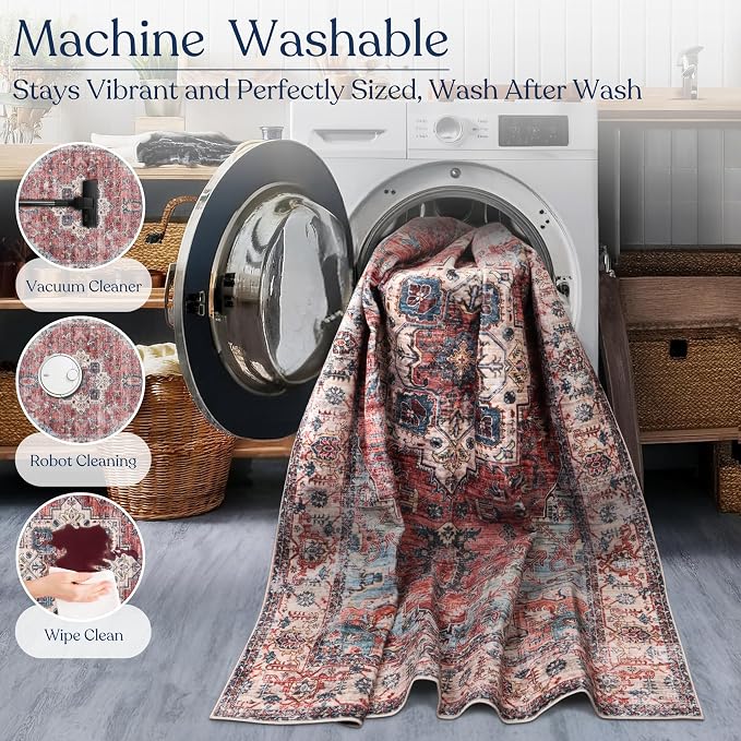 Machine Washable Area Rug, Soft & Durable, Non-Slip, Stain Resistant Rug for Bedroom, Living Room, Dining Room, High Traffic Areas. (Red/Sky Blue, 5' X 7')