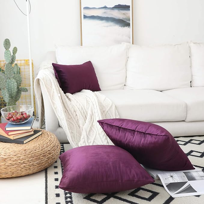 Home Brilliant Velvet Lumbar Solid Pillowcases Decorative Purple Pillow Covers for Couch Sofa, Set of 2, 12x20 Inch(30x50cm), Eggplant