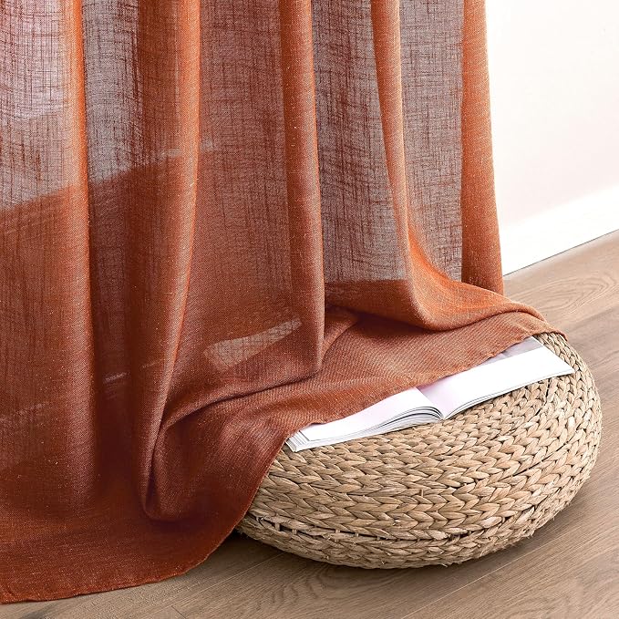 MIULEE Rust Fall Linen Curtains 52x90 Inch 2 Panels for Bedroom Living Room | Terracotta Soft Thick Linen Textured Window Drapes, Semi Sheer Light Filtering, Back Tab Rod Pocket, Burlap Look Fall Decor