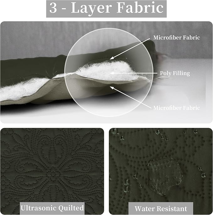 Easy-Going Reversible Quilt Set King, Bedspread with 2 Shams | Damask-Army Green/Beige, Lightweight Bed Comforter, 1 Quilt + 2 Pillow Shams, All-Season Coverlets for Bedroom