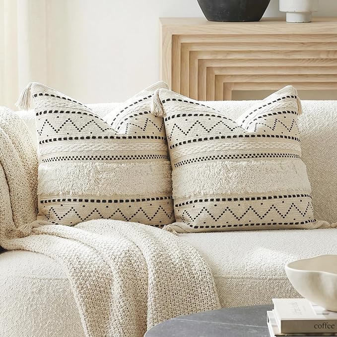 BlissBlush Decorative Throw Pillow Covers 20x20 Combo Set of 2 Square Boho Black Neutral Accent Pillowcase Tassels Farmhouse Cushion for Couch Sofa Bedroom Living Room Home Décor Cover ONLY